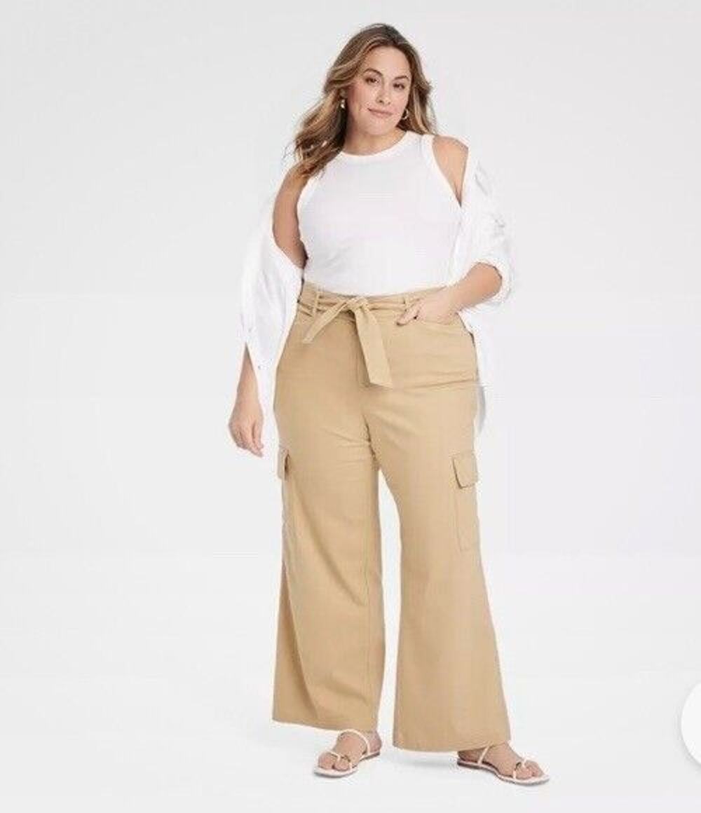 Ava & Viv Cargo Pants Womens Size 18 Tan Solid High-Rise Wide Leg Casual NWT